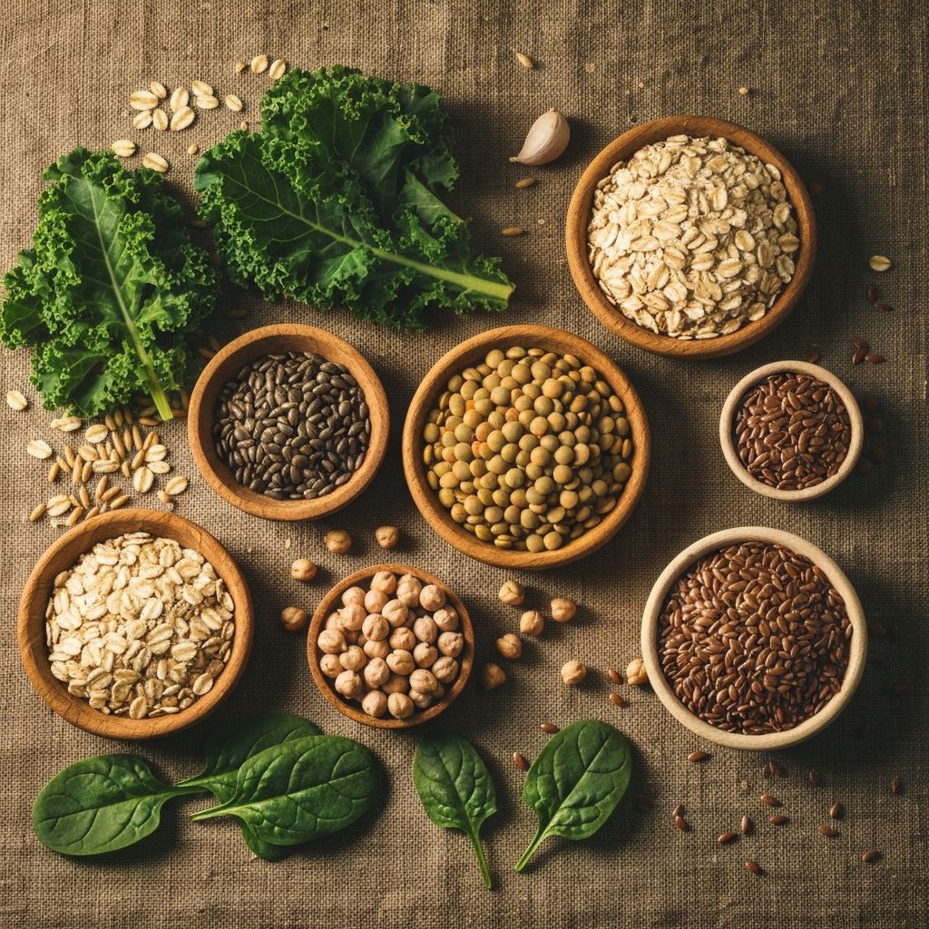Overhead shot of whole grain oats, lentils, chickpeas, flaxseeds and fresh vegetables on a rustic linen surface