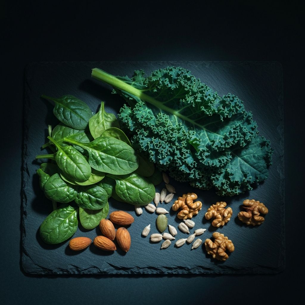 Dark leafy kale and spinach with almonds and walnuts on slate surface with dramatic lighting